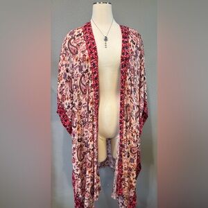 Floral Kimono cardigan with Red Trim